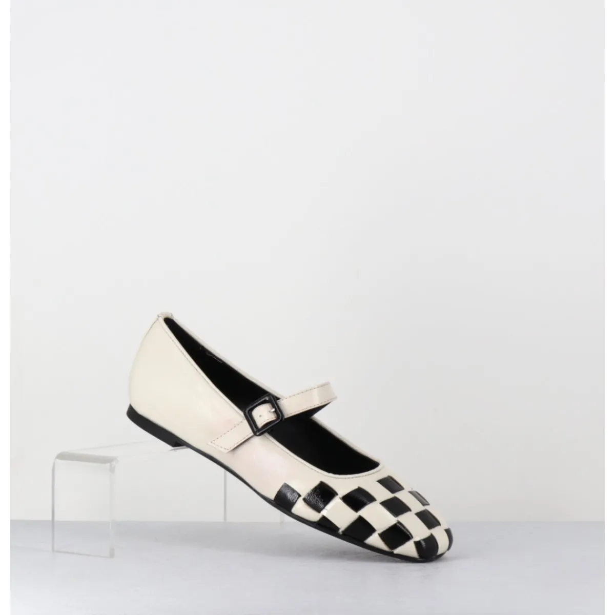 Chaussures | Ballerines^GARRICE LAB Ballerines damier à bride en cuir blanc & noir - NICOLA LUX TALCO NOIR&BLANC