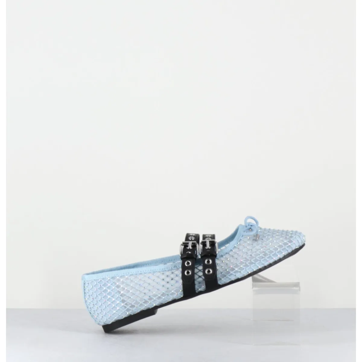 Chaussures | Ballerines^OA NON FASHION Ballerines en mesh ciel à strass & double brides en cuir noir - MISTY CRISTALLO CELESTE BLEU