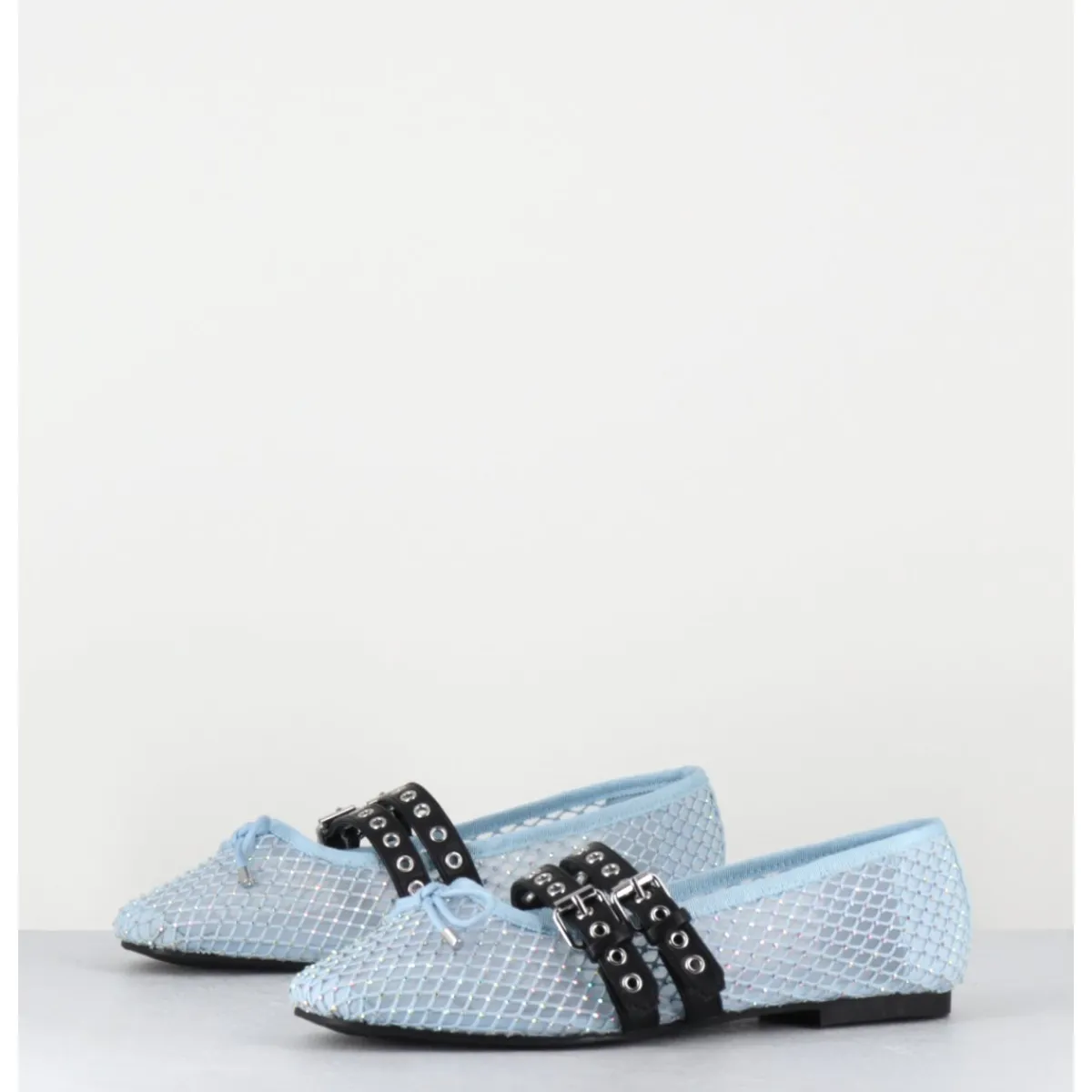 Chaussures | Ballerines^OA NON FASHION Ballerines en mesh ciel à strass & double brides en cuir noir - MISTY CRISTALLO CELESTE BLEU