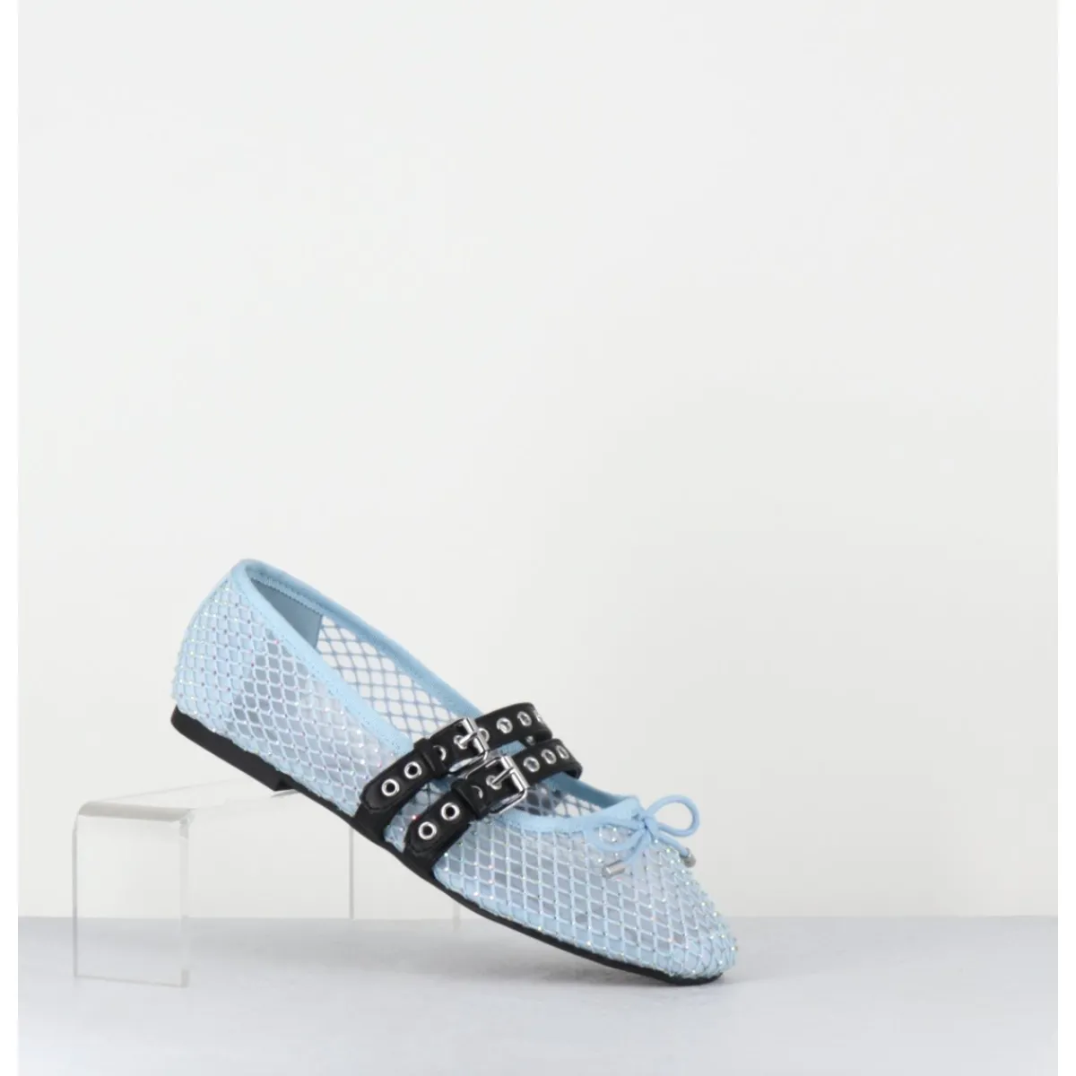 Chaussures | Ballerines^OA NON FASHION Ballerines en mesh ciel à strass & double brides en cuir noir - MISTY CRISTALLO CELESTE BLEU
