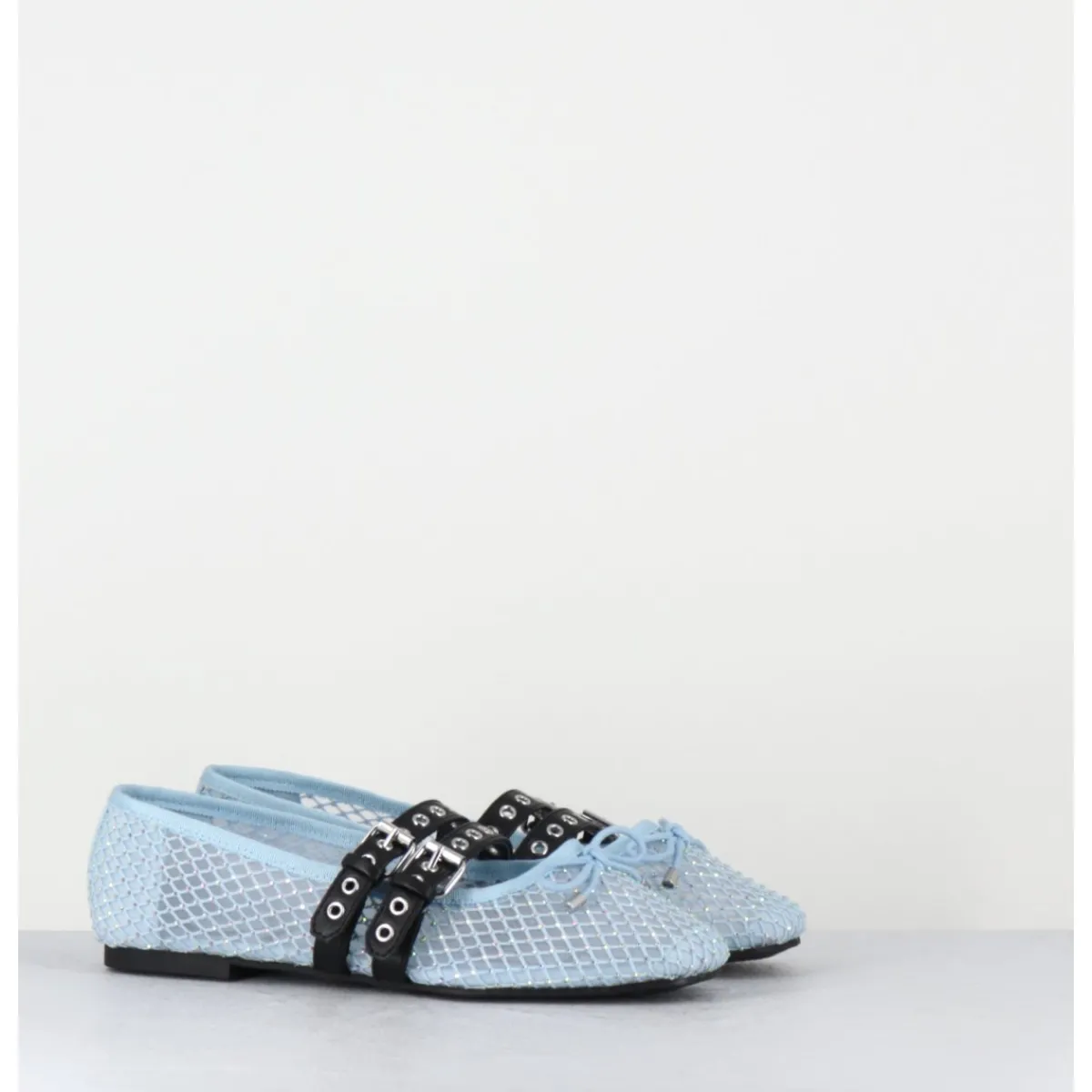 Chaussures | Ballerines^OA NON FASHION Ballerines en mesh ciel à strass & double brides en cuir noir - MISTY CRISTALLO CELESTE BLEU