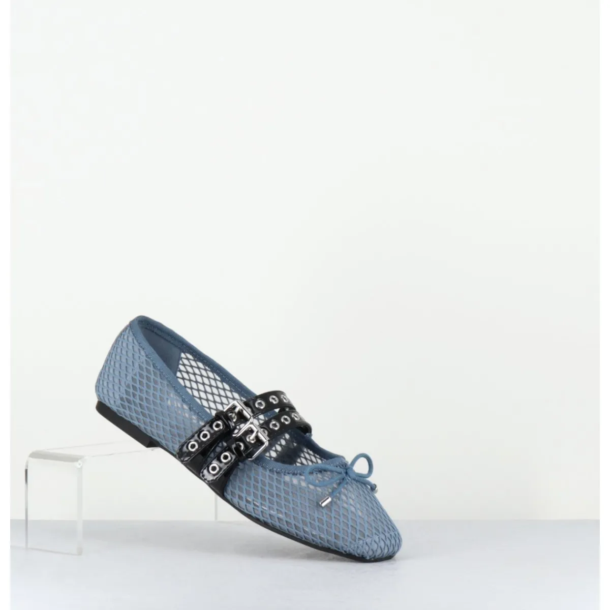 Chaussures | Ballerines^OA NON FASHION Ballerines en mesh jean & double brides en cuir noir - DIANA NET CELESTE BLEU