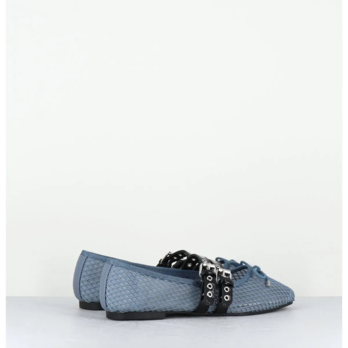 Chaussures | Ballerines^OA NON FASHION Ballerines en mesh jean & double brides en cuir noir - DIANA NET CELESTE BLEU