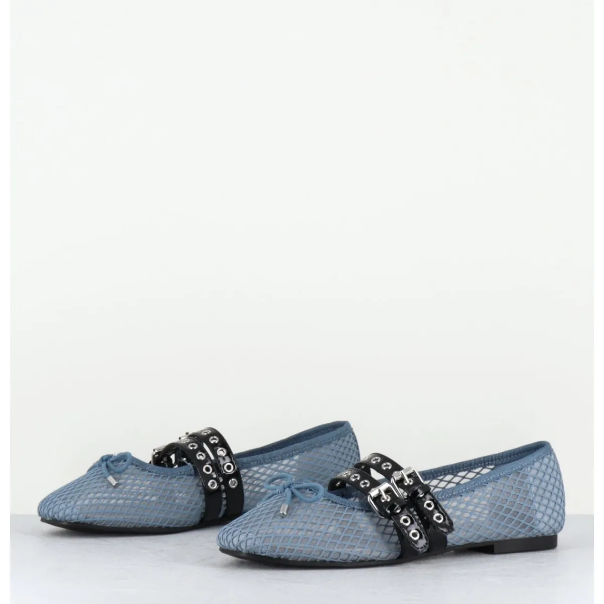 Chaussures | Ballerines^OA NON FASHION Ballerines en mesh jean & double brides en cuir noir - DIANA NET CELESTE BLEU