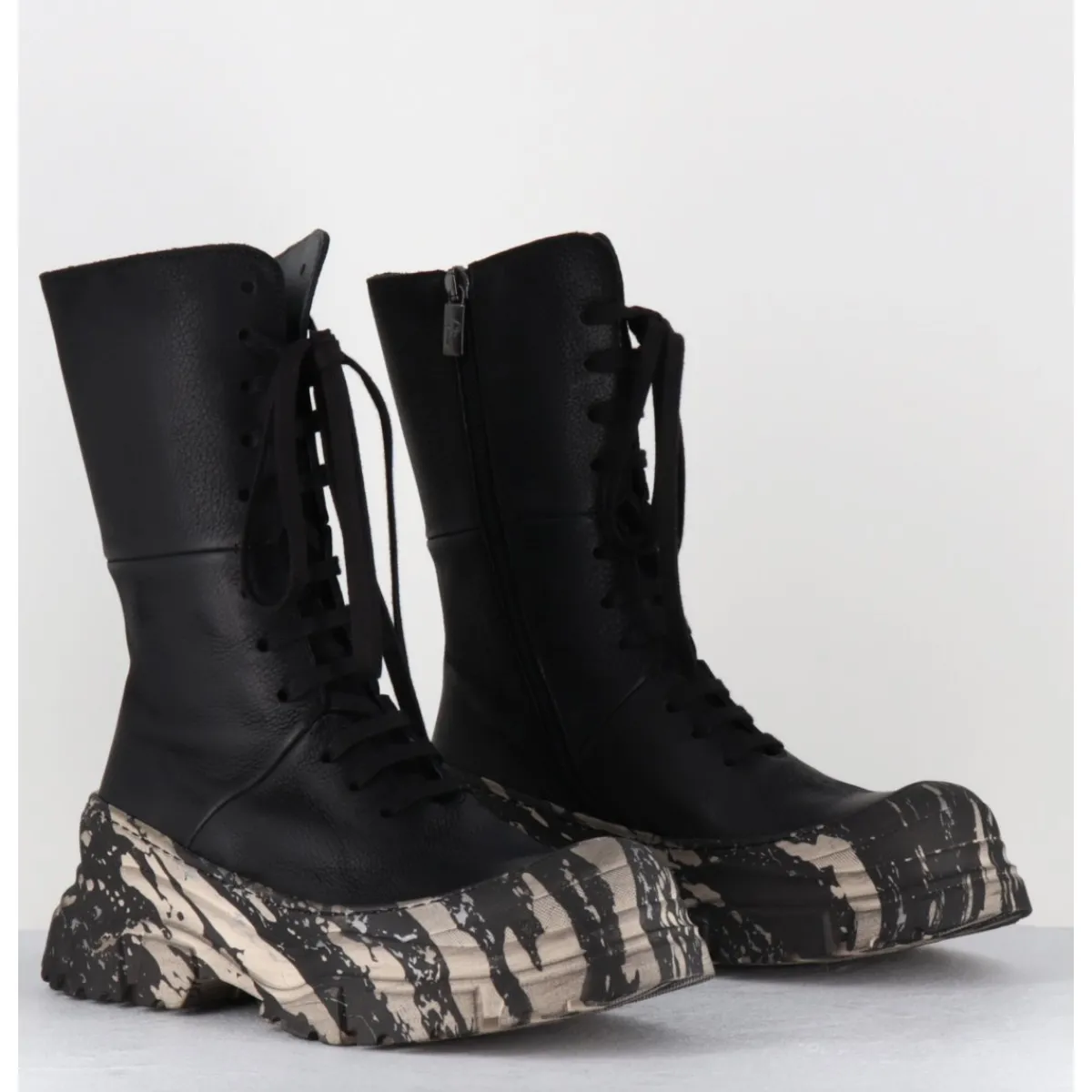 Boots^LOFINA Boots à lacets en cuir semelle imprimé militaire - 4142 GAS NERO NOIR