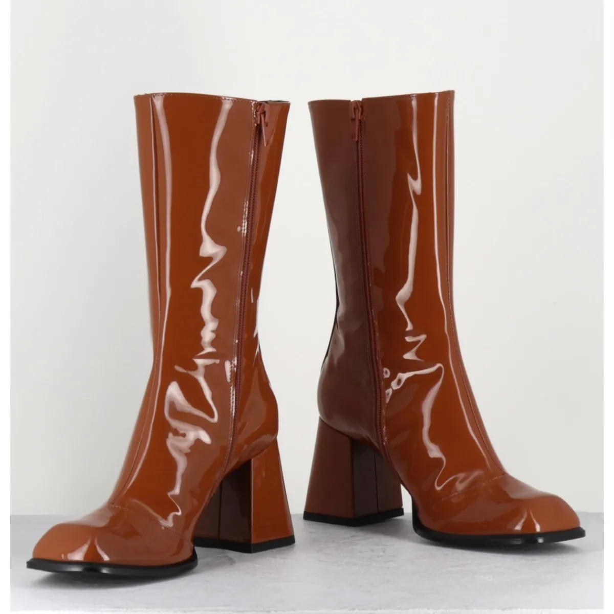 Boots^GARRICE LAB Boots à talon 70s en cuir vernis marron orangé - YA2240 CUOIO CAMEL