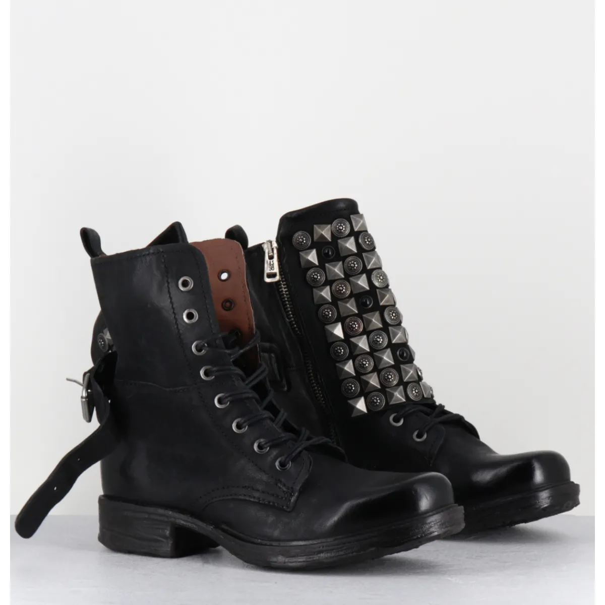 Boots | Bikers^A.S.98 Boots bikers à lacets cuir clous rock & pierres - 259213 NERO NOIR