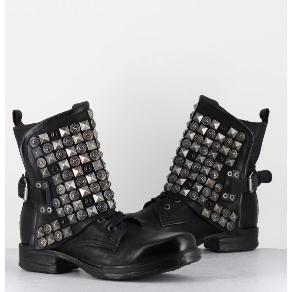 Boots | Bikers^A.S.98 Boots bikers à lacets cuir clous rock & pierres - 259213 NERO NOIR