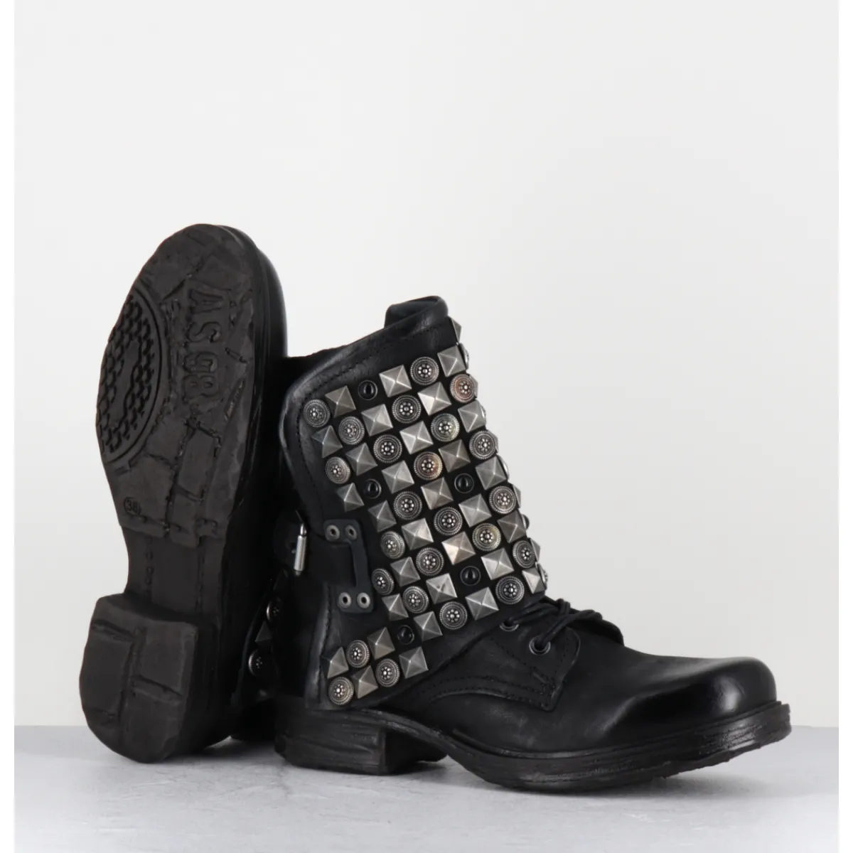 Boots | Bikers^A.S.98 Boots bikers à lacets cuir clous rock & pierres - 259213 NERO NOIR