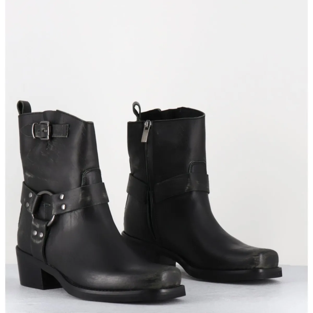 Boots | Bikers^GARRICE LAB Boots bikers courtes en cuir usé - RAMAT ASPORT ASFALTO NOIR