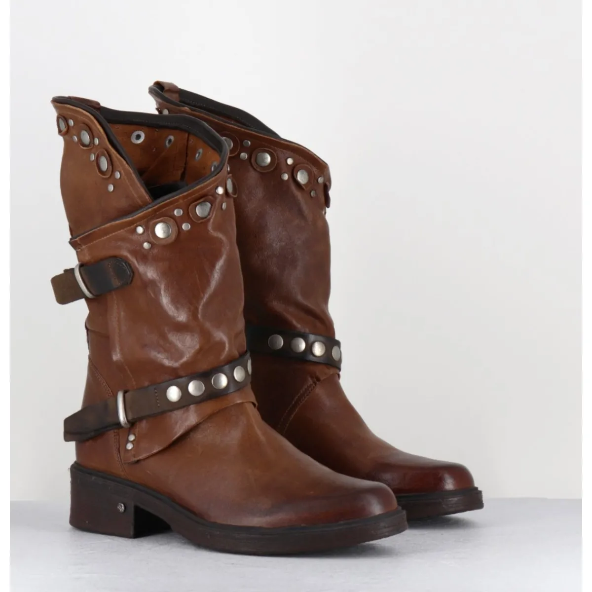 Boots^GARRICE LAB Boots bikers plates cuir camel & rivets - GOULA RAG CACAO MARRON