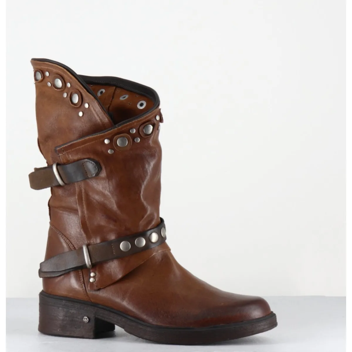 Boots^GARRICE LAB Boots bikers plates cuir camel & rivets - GOULA RAG CACAO MARRON