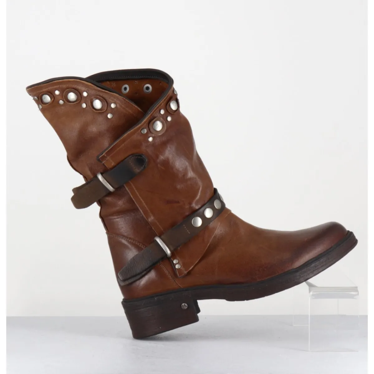 Boots^GARRICE LAB Boots bikers plates cuir camel & rivets - GOULA RAG CACAO MARRON