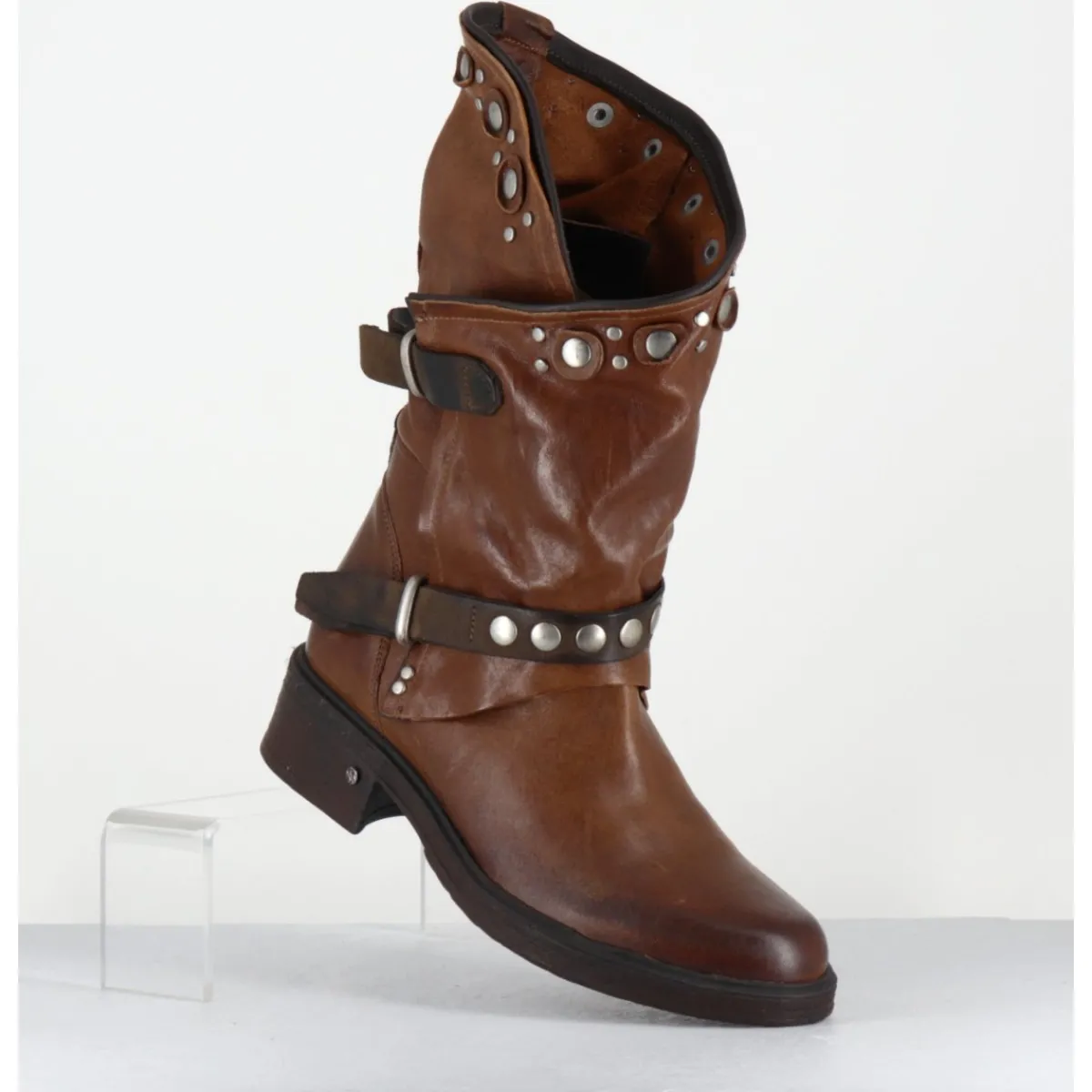 Boots^GARRICE LAB Boots bikers plates cuir camel & rivets - GOULA RAG CACAO MARRON