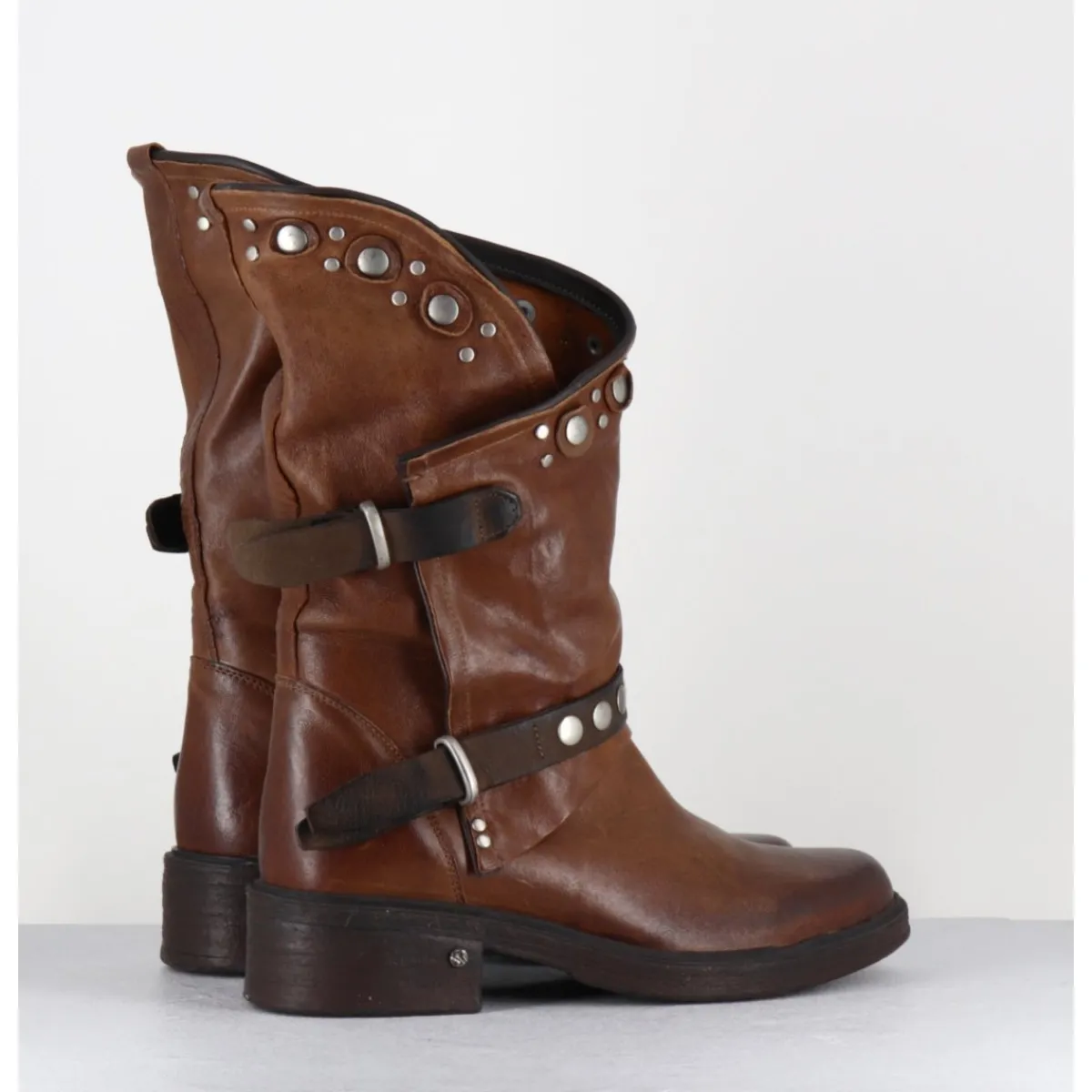 Boots^GARRICE LAB Boots bikers plates cuir camel & rivets - GOULA RAG CACAO MARRON
