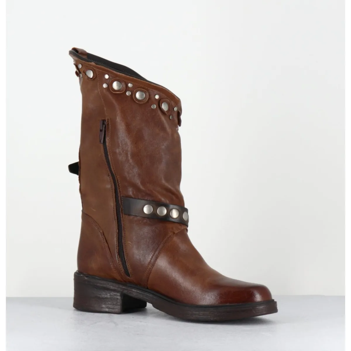 Boots^GARRICE LAB Boots bikers plates cuir camel & rivets - GOULA RAG CACAO MARRON