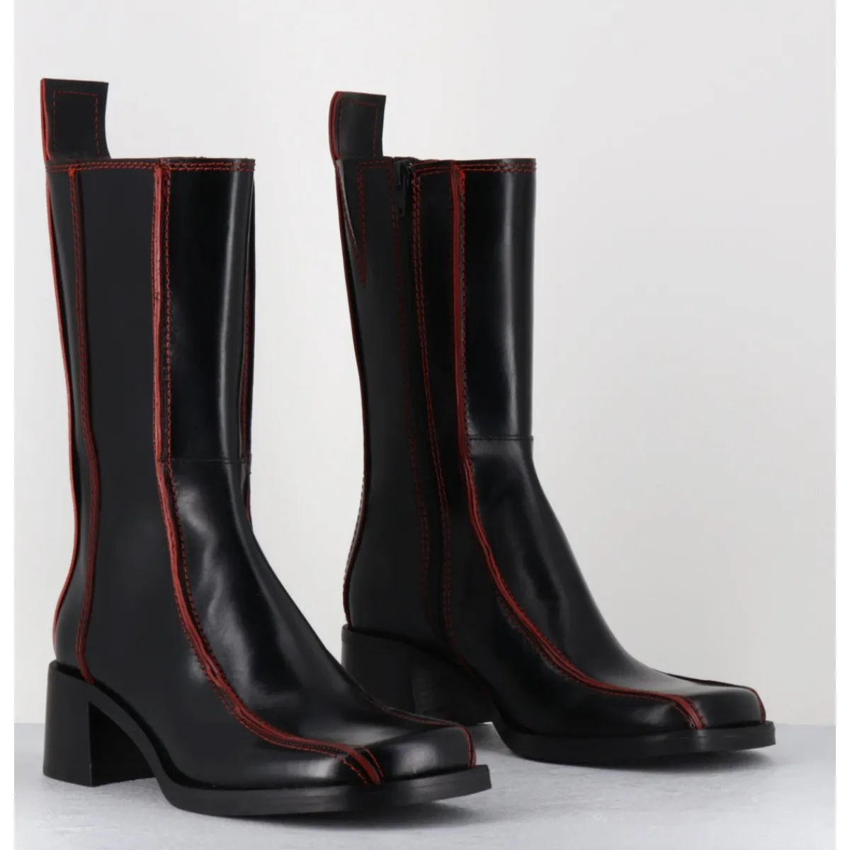 Boots^E8 BY MIISTA Boots bout carré cuir & surpiqûres orange - MARIELA BLACK BOOTS NOIR