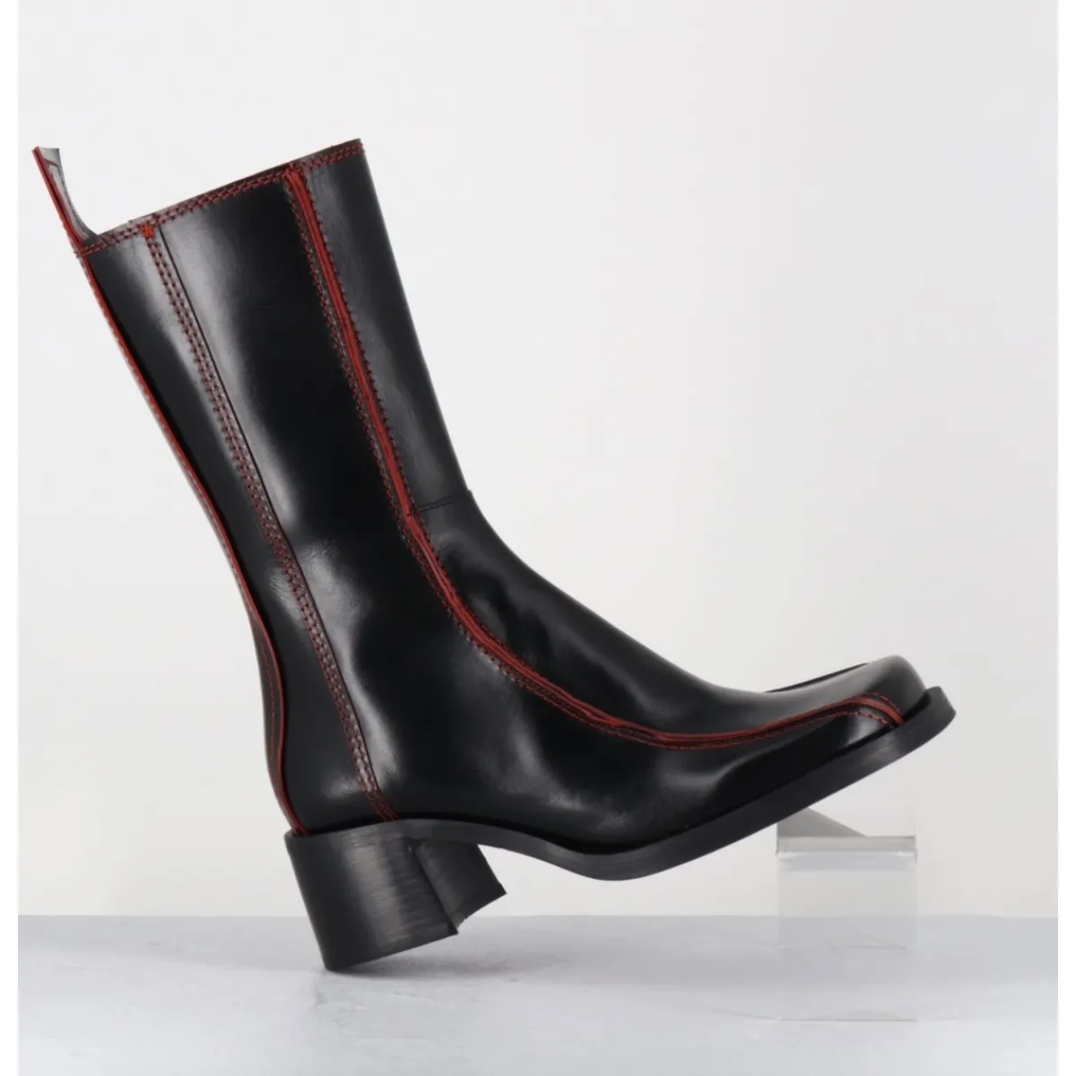 Boots^E8 BY MIISTA Boots bout carré cuir & surpiqûres orange - MARIELA BLACK BOOTS NOIR