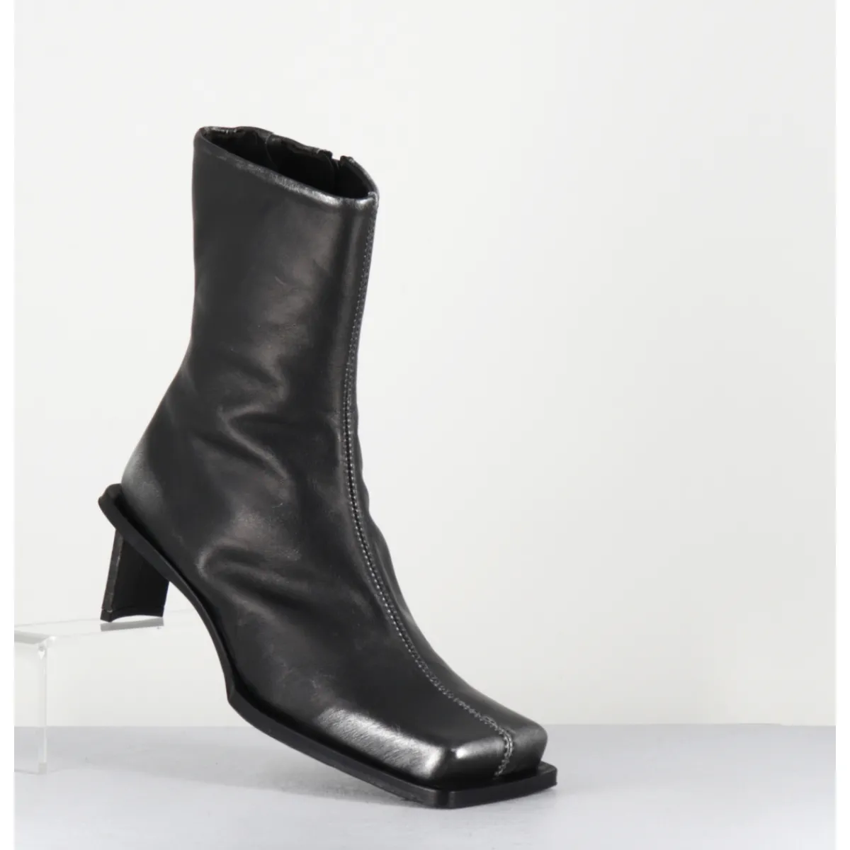 Boots^MIISTA Boots bout carré en cuir argent petit talon - BRENDA BRUSH METAL ANTHRACITE