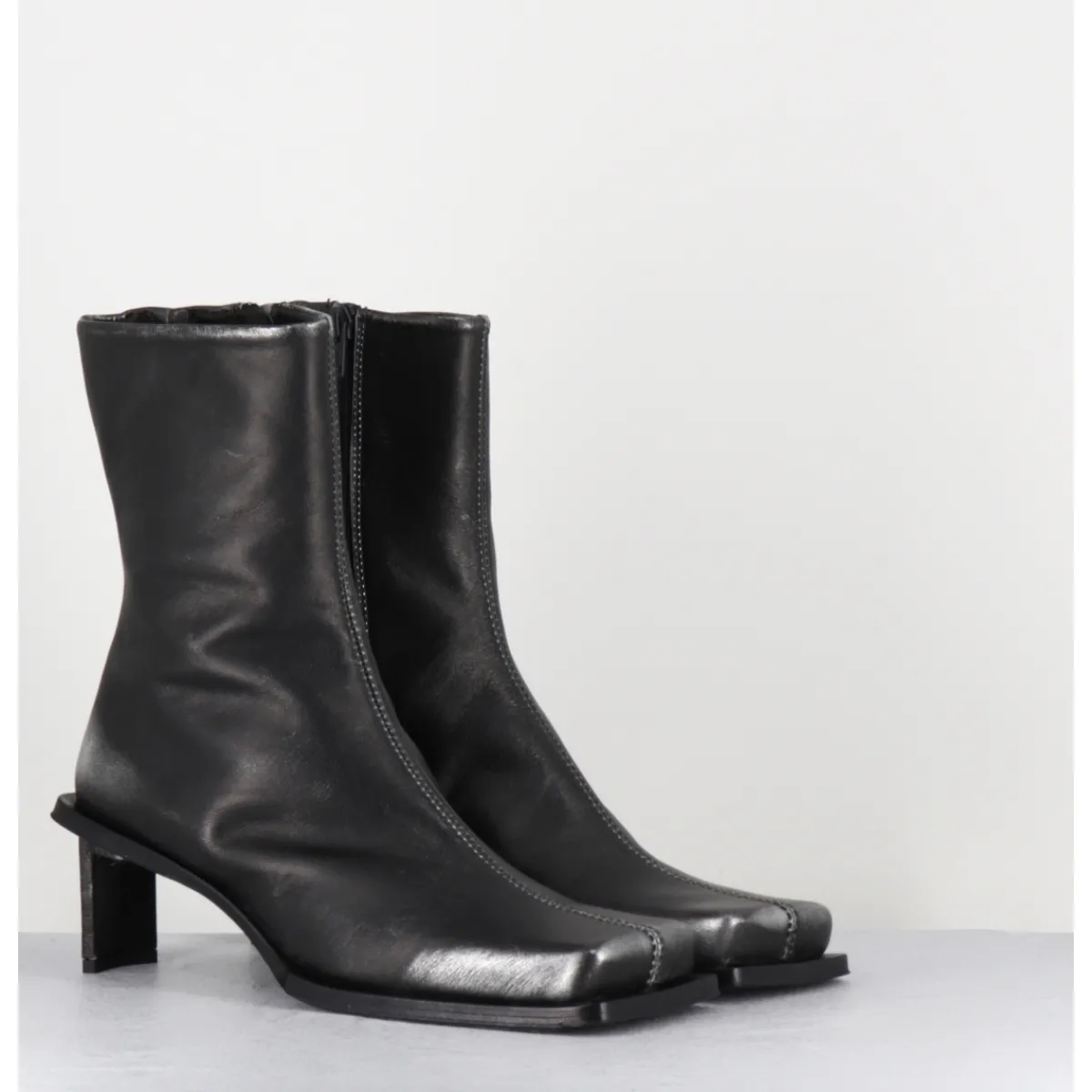 Boots^MIISTA Boots bout carré en cuir argent petit talon - BRENDA BRUSH METAL ANTHRACITE