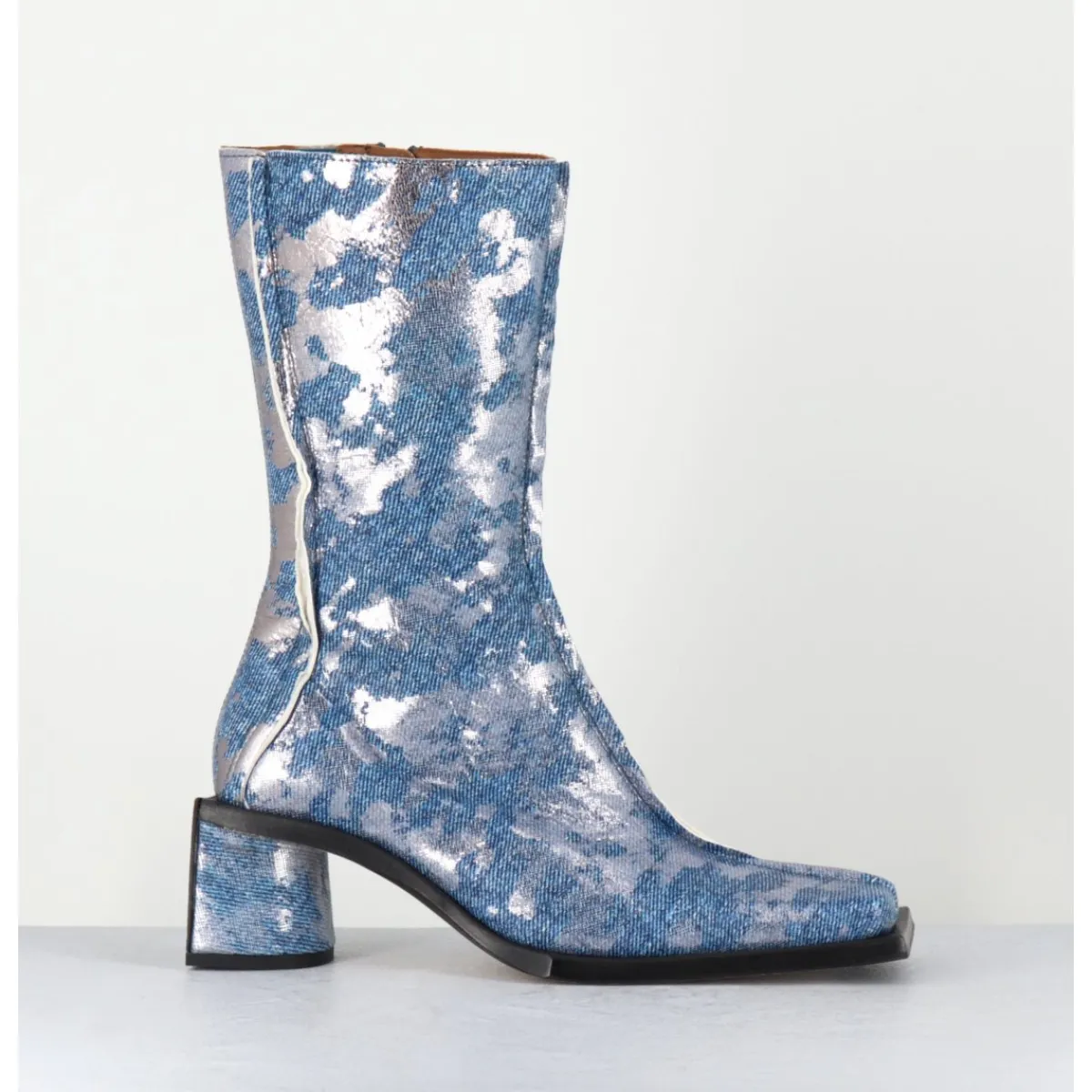 Boots^MIISTA Boots bout carré jean distressed et cuir argent - REIKO DENIM BOOTS JEANS