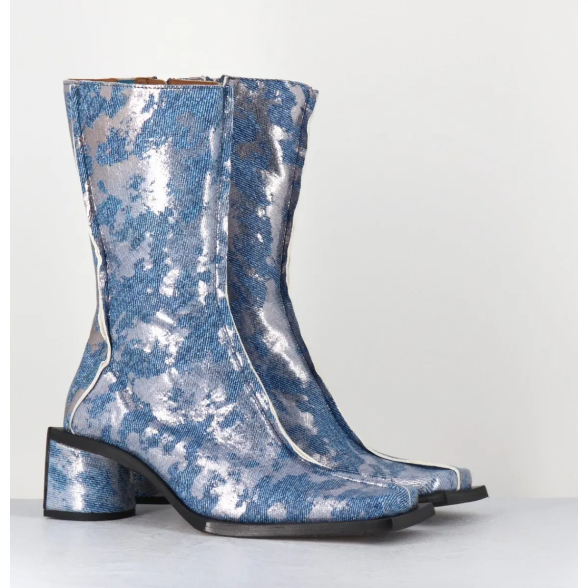 Boots^MIISTA Boots bout carré jean distressed et cuir argent - REIKO DENIM BOOTS JEANS
