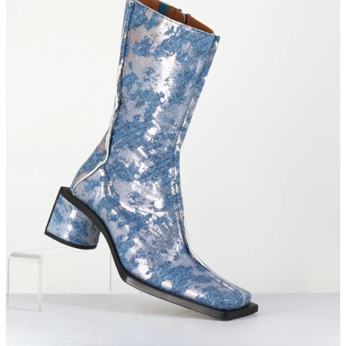 Boots^MIISTA Boots bout carré jean distressed et cuir argent - REIKO DENIM BOOTS JEANS