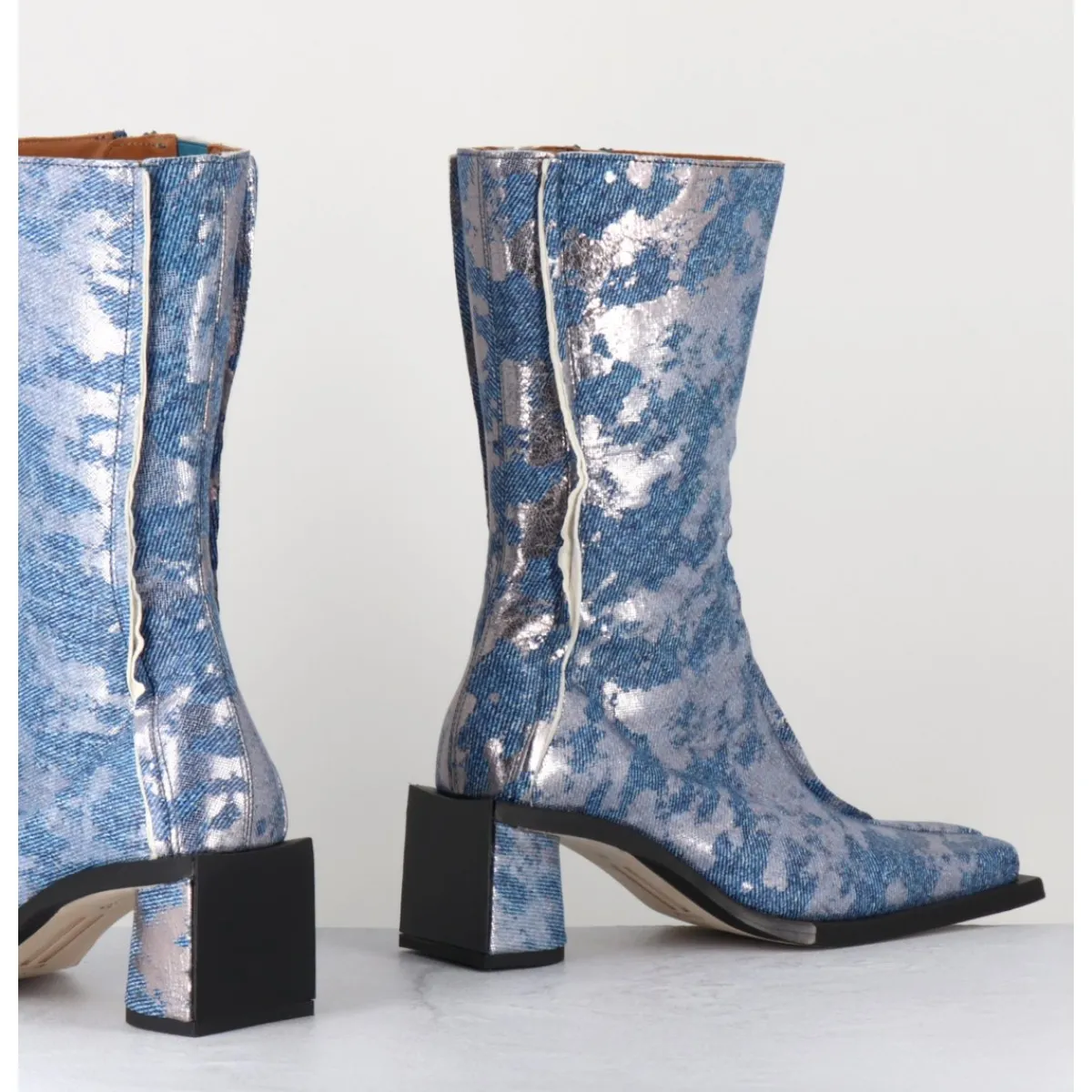 Boots^MIISTA Boots bout carré jean distressed et cuir argent - REIKO DENIM BOOTS JEANS