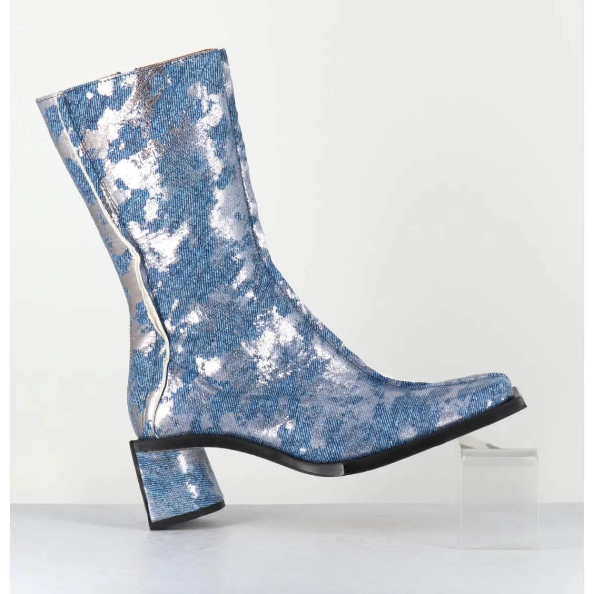 Boots^MIISTA Boots bout carré jean distressed et cuir argent - REIKO DENIM BOOTS JEANS