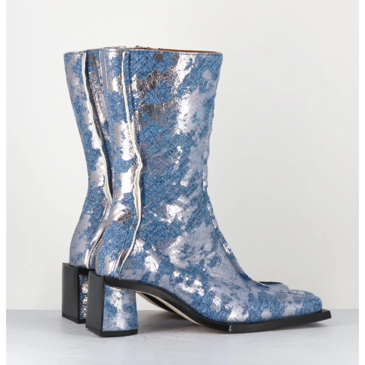 Boots^MIISTA Boots bout carré jean distressed et cuir argent - REIKO DENIM BOOTS JEANS