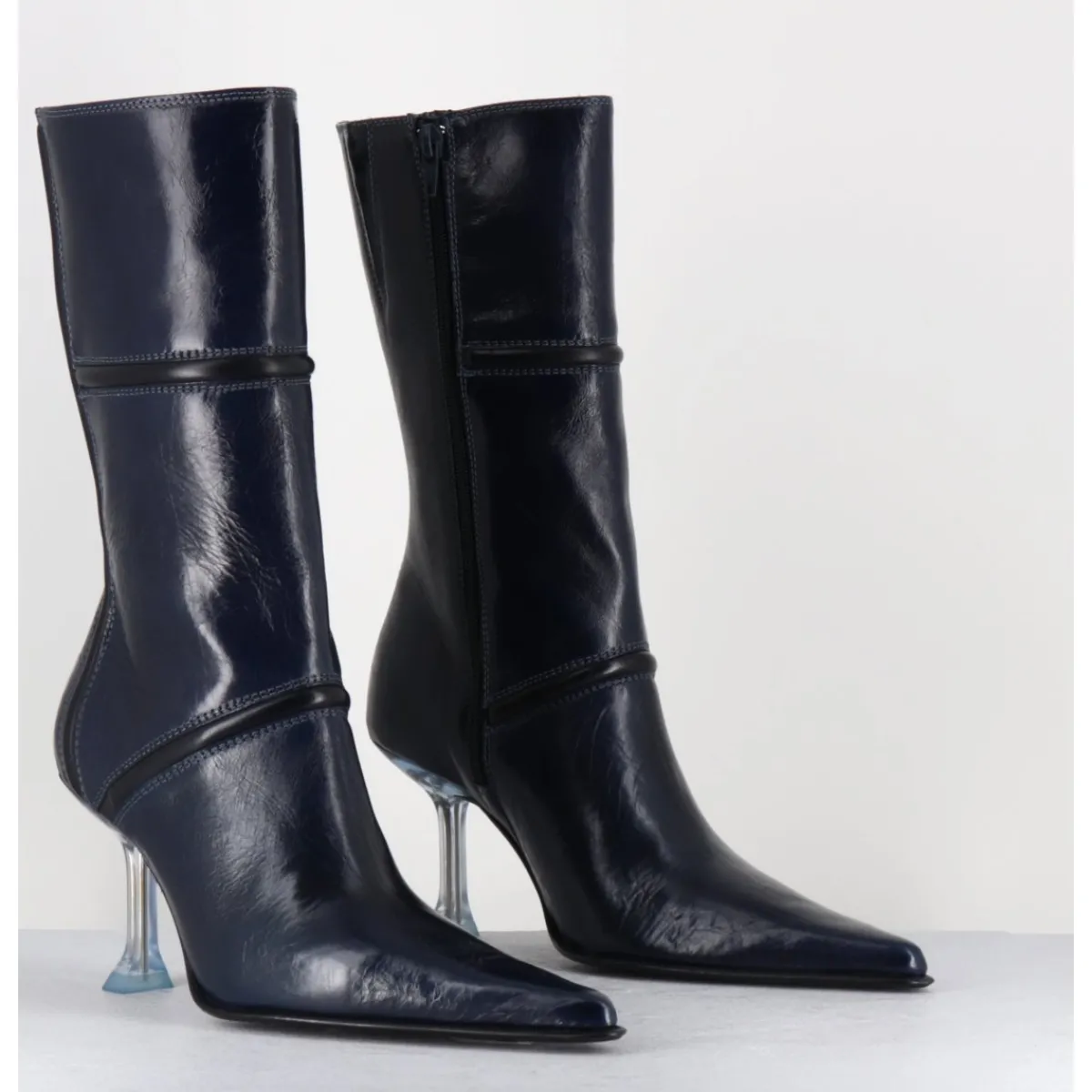 Boots^MIISTA Boots bout pointu en cuir & talon plexi - SANDER NAVY BOOTS BLEU