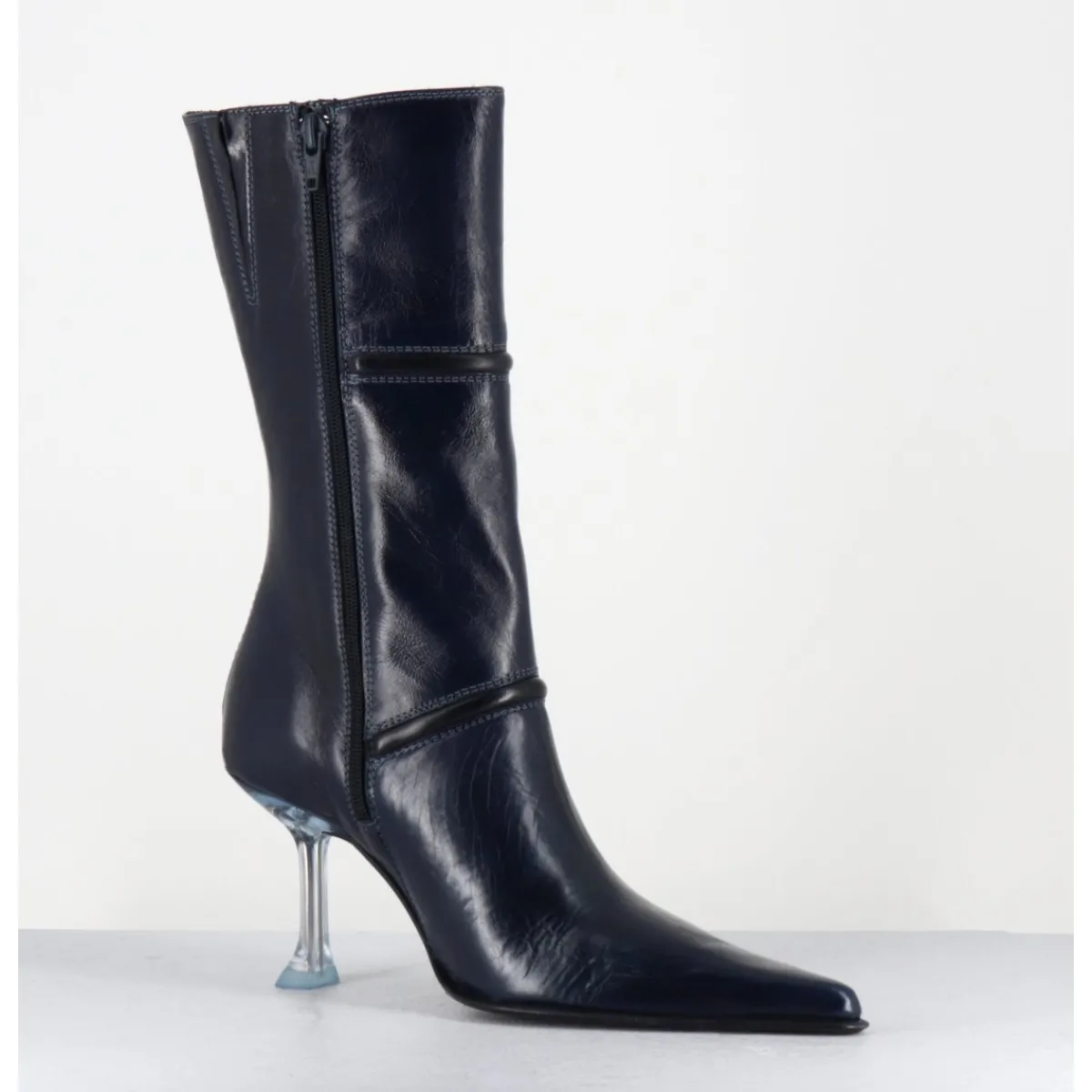 Boots^MIISTA Boots bout pointu en cuir & talon plexi - SANDER NAVY BOOTS BLEU