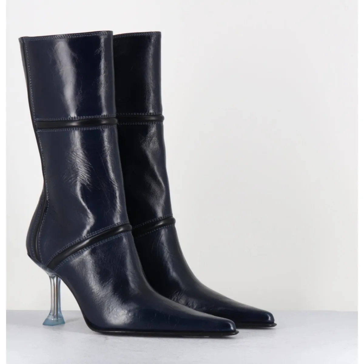 Boots^MIISTA Boots bout pointu en cuir & talon plexi - SANDER NAVY BOOTS BLEU