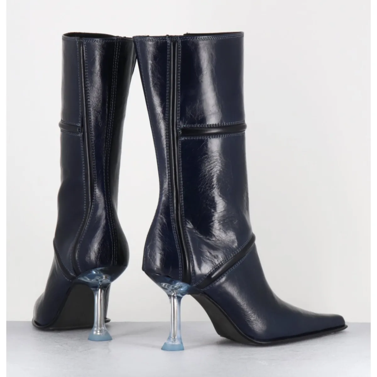 Boots^MIISTA Boots bout pointu en cuir & talon plexi - SANDER NAVY BOOTS BLEU