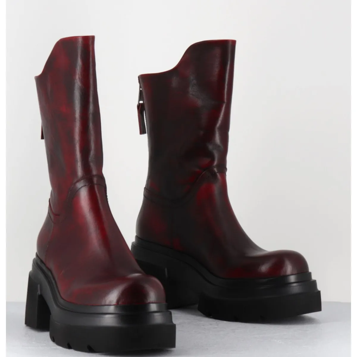 Boots | Bikers^ELENA IACHI Boots chunky en cuir vieilli bordeaux - E3733 BETA BERRY ROUGE