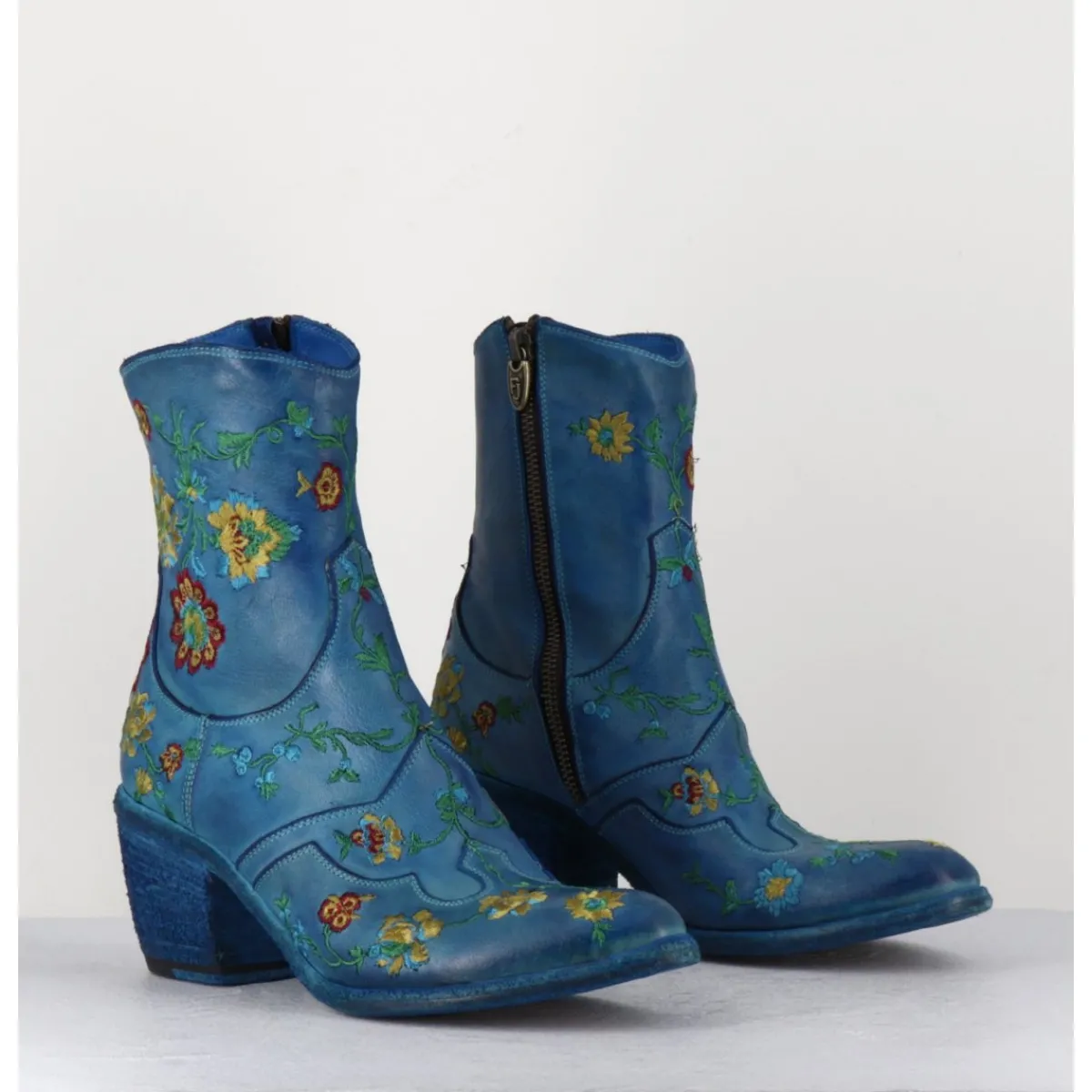 Boots | Santiags^FAUZIAN JEUNESSE Boots en cuir broderies fleurs - 3207C ALFA CIELO BLEU