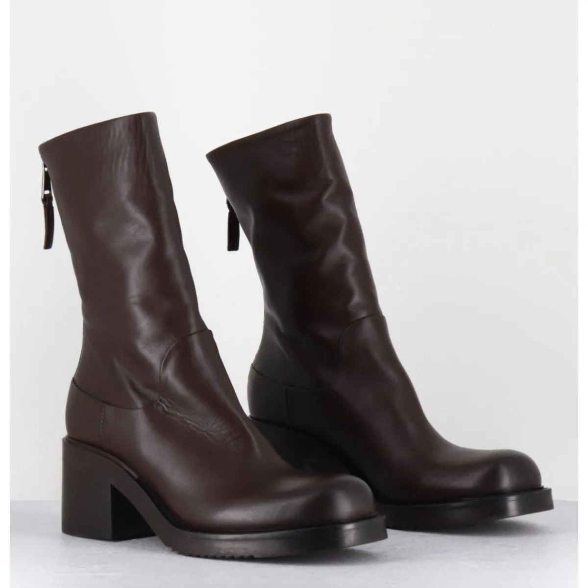 Boots | Bikers^ELENA IACHI Boots en cuir talon bloc & zip arrière - E4056 PIUMA MORO MARRON