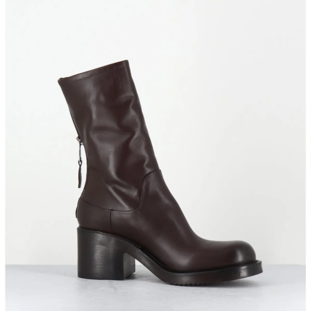 Boots | Bikers^ELENA IACHI Boots en cuir talon bloc & zip arrière - E4056 PIUMA MORO MARRON