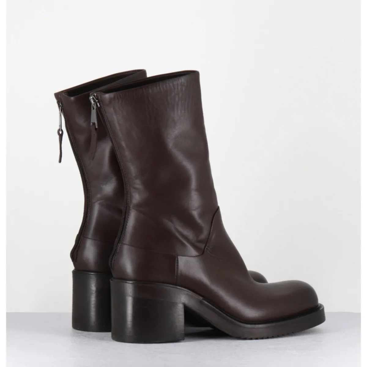 Boots | Bikers^ELENA IACHI Boots en cuir talon bloc & zip arrière - E4056 PIUMA MORO MARRON