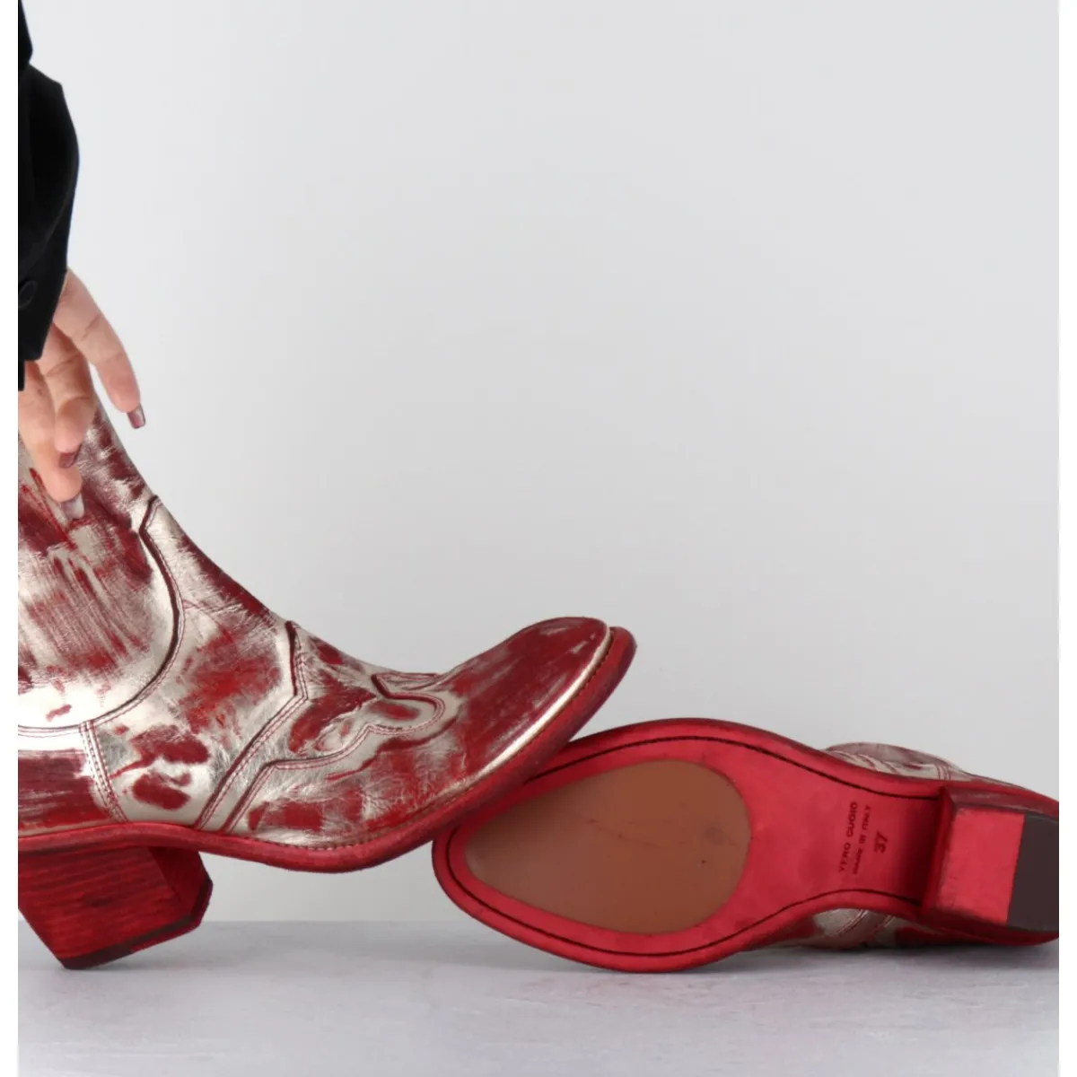 Boots | Santiags^FAUZIAN JEUNESSE Boots esprit santiags en cuir & métal or - 3226 PLATINO ROSSO ROUGE