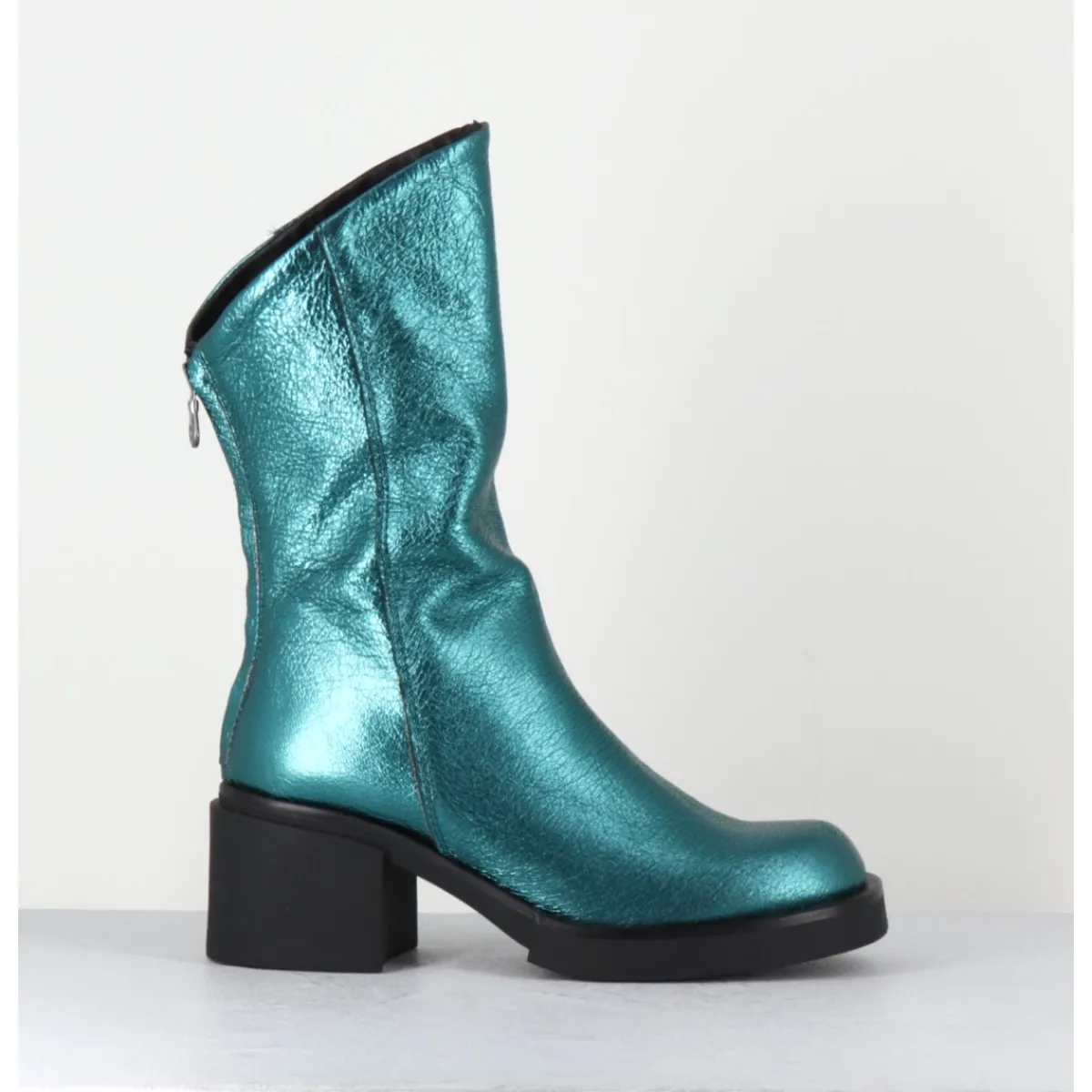 Boots | Bikers^GARRICE LAB Boots légères esprit biker en cuir métallisé - YAMA LAMINATO PETROLIO BLEU