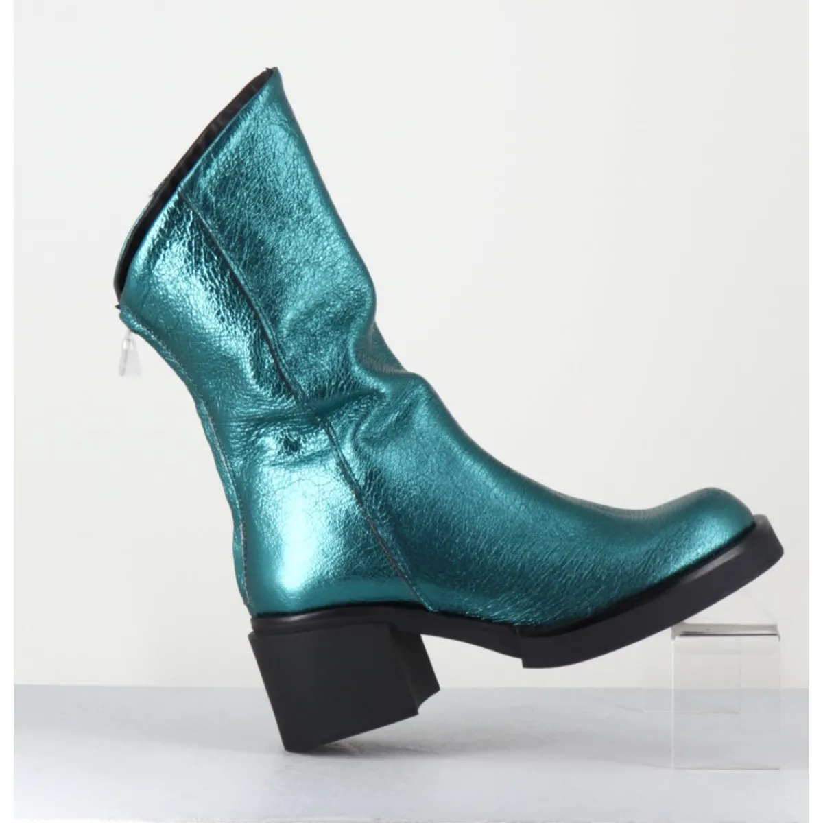 Boots | Bikers^GARRICE LAB Boots légères esprit biker en cuir métallisé - YAMA LAMINATO PETROLIO BLEU