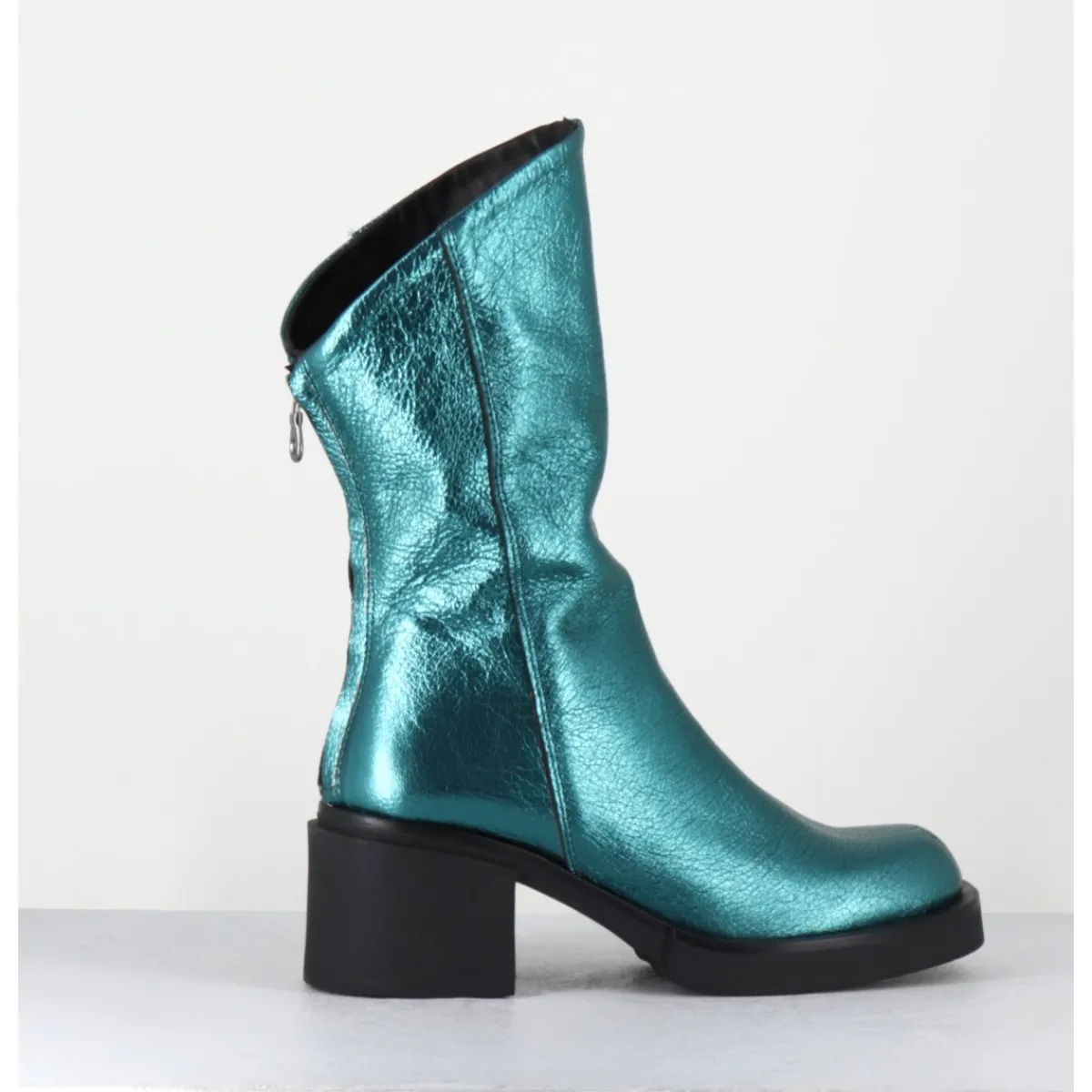 Boots | Bikers^GARRICE LAB Boots légères esprit biker en cuir métallisé - YAMA LAMINATO PETROLIO BLEU