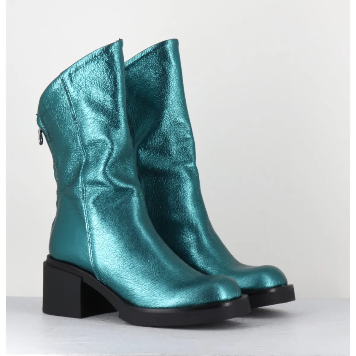 Boots | Bikers^GARRICE LAB Boots légères esprit biker en cuir métallisé - YAMA LAMINATO PETROLIO BLEU