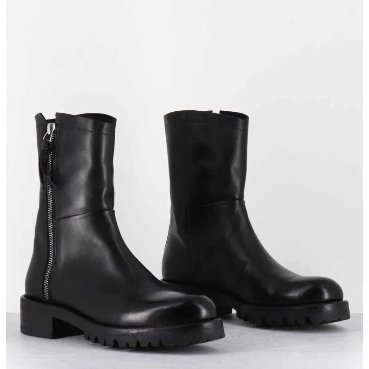 Boots | Bikers^ALBERTO FASCIANI Boots plates en cuir pures avec zip extérieur - EVA 82042 BLACK NOIR