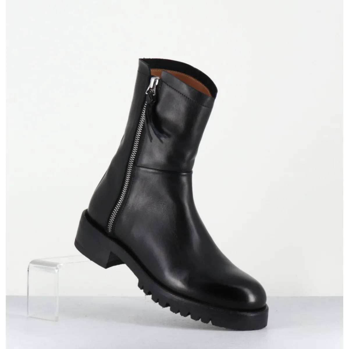 Boots | Bikers^ALBERTO FASCIANI Boots plates en cuir pures avec zip extérieur - EVA 82042 BLACK NOIR