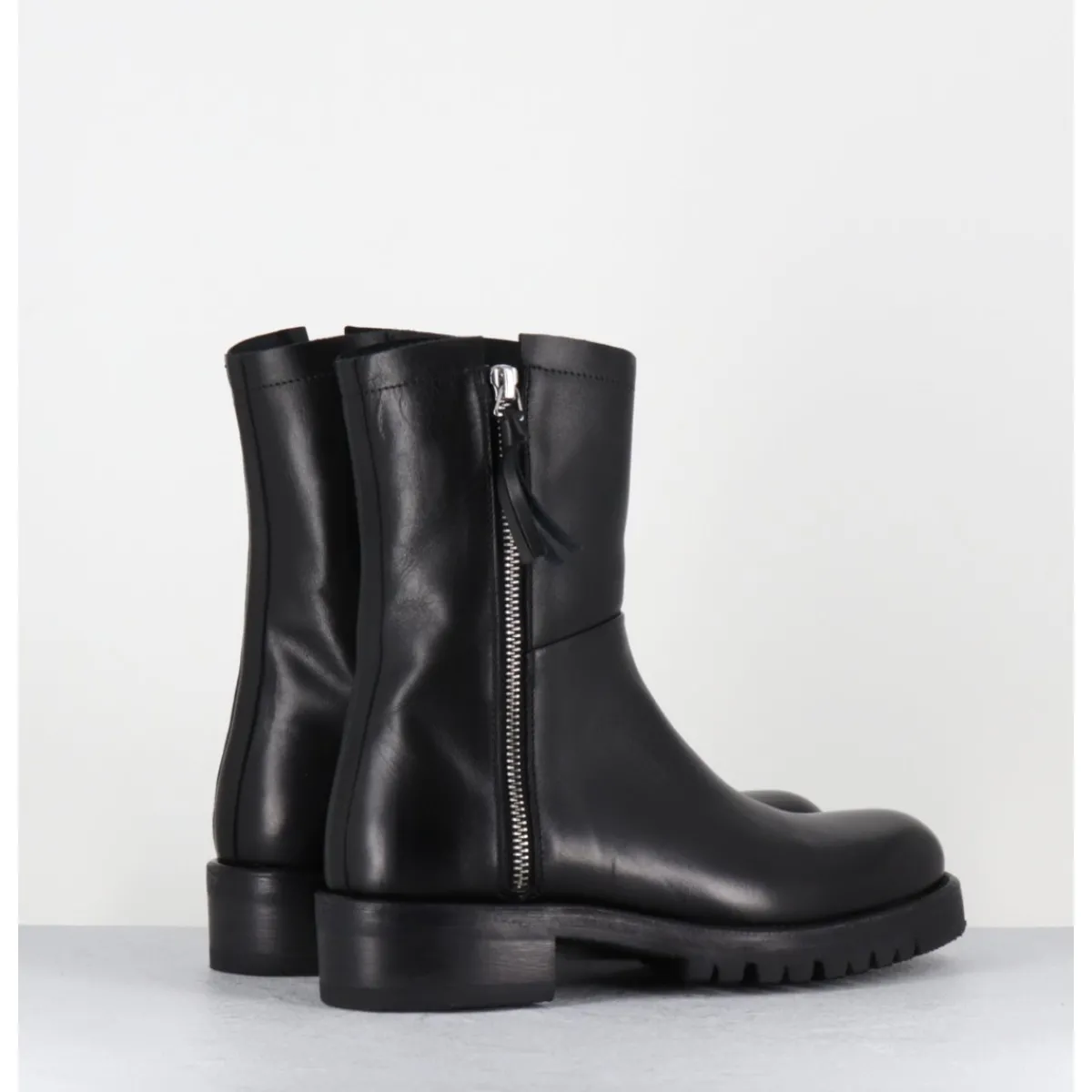 Boots | Bikers^ALBERTO FASCIANI Boots plates en cuir pures avec zip extérieur - EVA 82042 BLACK NOIR
