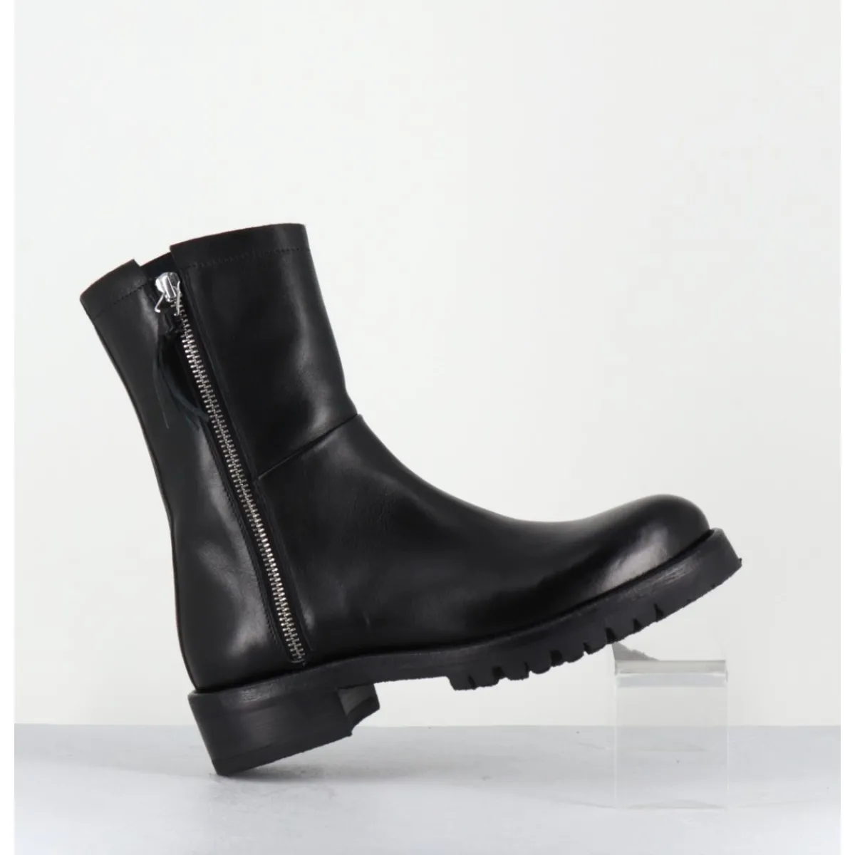 Boots | Bikers^ALBERTO FASCIANI Boots plates en cuir pures avec zip extérieur - EVA 82042 BLACK NOIR