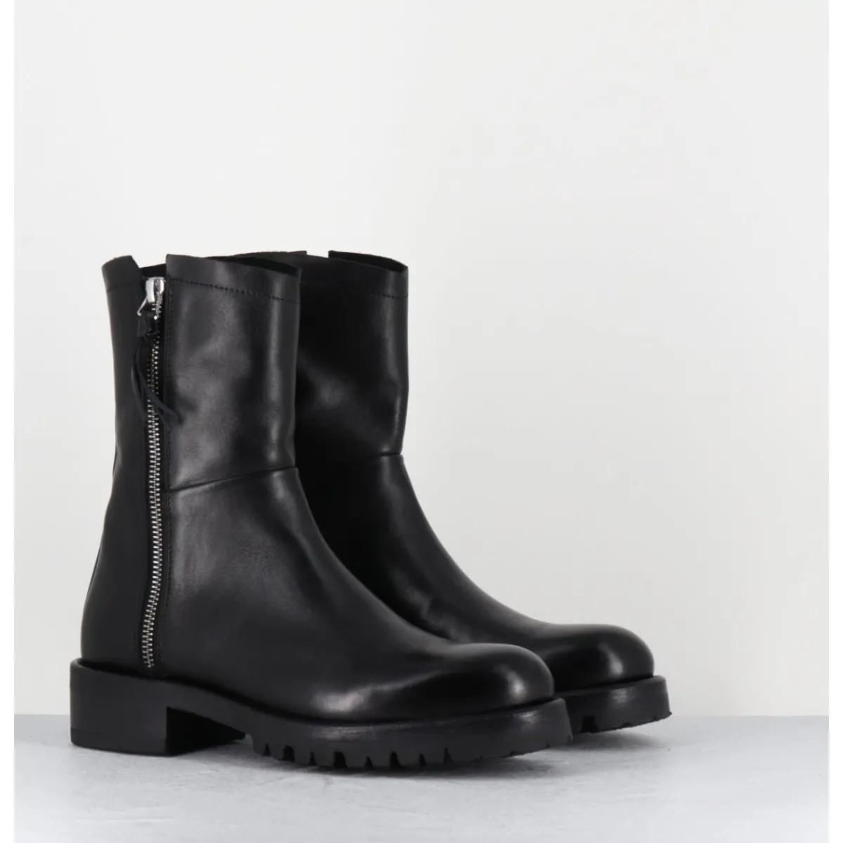 Boots | Bikers^ALBERTO FASCIANI Boots plates en cuir pures avec zip extérieur - EVA 82042 BLACK NOIR