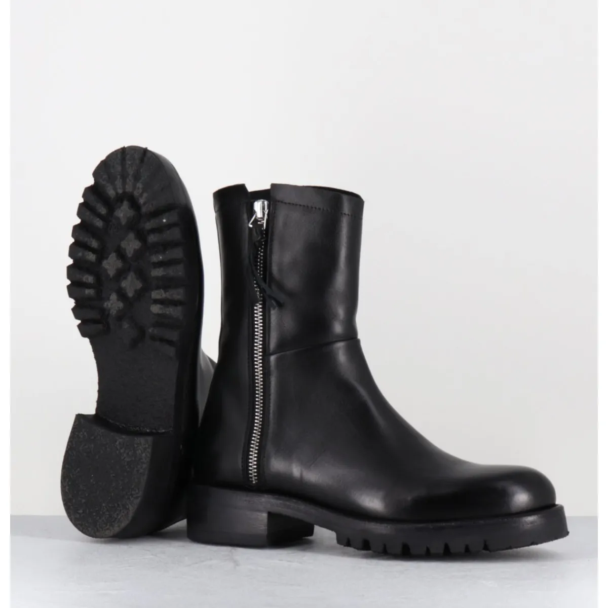 Boots | Bikers^ALBERTO FASCIANI Boots plates en cuir pures avec zip extérieur - EVA 82042 BLACK NOIR